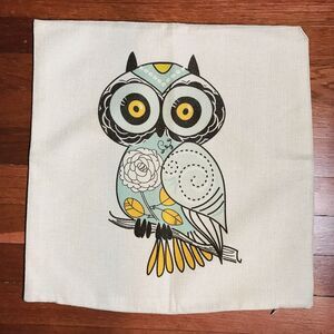 Square Pillow Cover Blue Owl on Cream Canvas Farmhouse Boho Classic 17x17 Inch